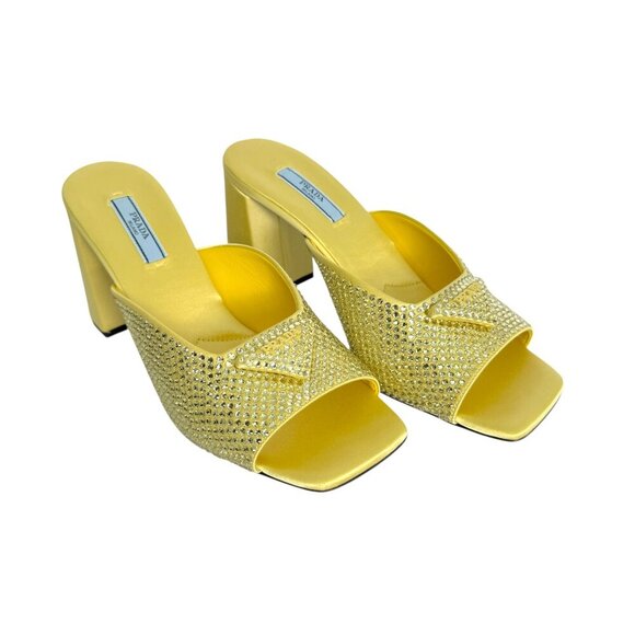 Prada Satin Crystal 1XX642 Ananas Yellow Slide Heel Mules Sandals, 36 & 38 - Picture 1 of 14
